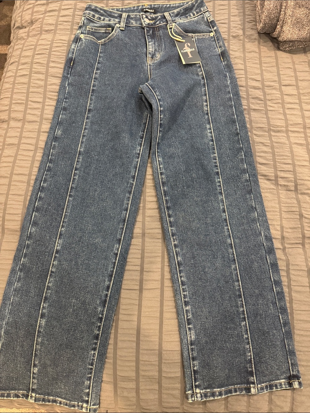 High-Rise Straight Leg Jeans in Medium Blue with Vertical Seam Detail